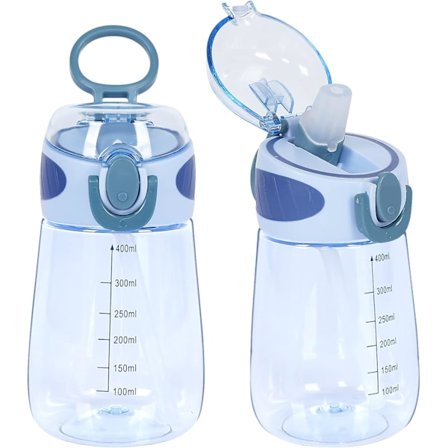 Vattenflaska med sugrör BPA-fri lätt 400 ml vattenflaska för småbarn med handtag sugrör flaska -Blå