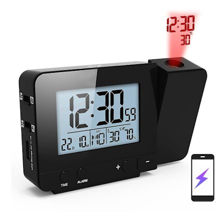 Projektionsvækkeur til soveværelse med termometer hygrometer digital projektionsloftur med dæmpbart LED-display med USB-oplader 180roterbar med Dua