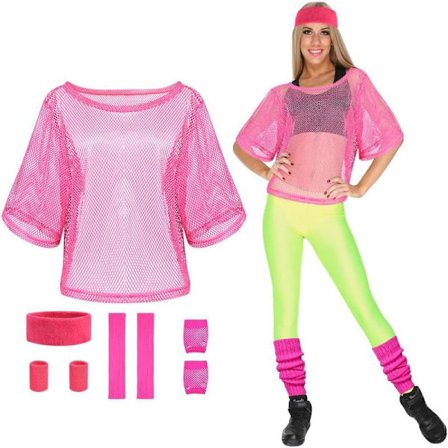 80-talls Neon Partyklær Kostymetilbehør Sett, 1980-talls Retro Tema Party Dekorasjon Antrekk for Kvinner Jenter Sett - Rose Rød Sett - Rose Red