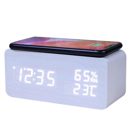 Digital väckarklocka, temperatur- och fuktighetslarm LED elektronisk klocka Smartphone trådlös laddare (vit)