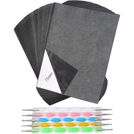 100 ark karbon A4 kalkerpapper med 5 prickpennor präglingsverktyg för träpapper duk 210mm297mm
