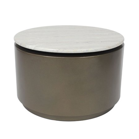 Travertiinista valmistettu sohvapöytä, pronssinvärinen runko, 60x60x38 cm