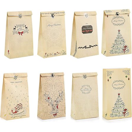 12 st julpapperspåsar i vintage-stil, kraftpapper, 22 x 12 x 6 cm, för gåvor, godis, kakor