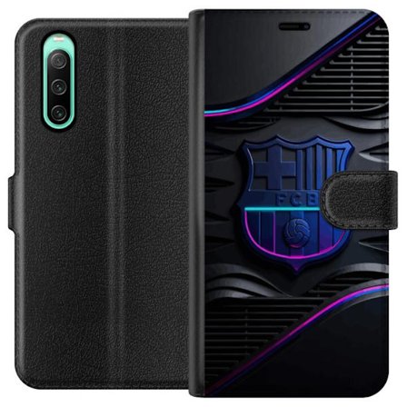 Yhteensopiva Lompakkokotelo Sony Xperia 10 IV FC Barcelonan seuraemblemii neon sinistä ja vaaleanpunaista futuristisella metallisella suunnittelulla