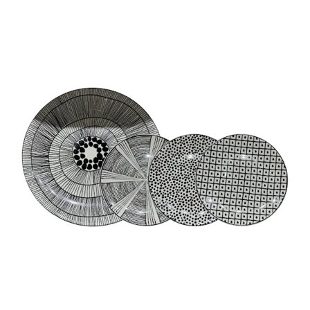 Jälkiruokalautanensetti, 7 osaa, uutta luuposliinia, musta/valkoinen