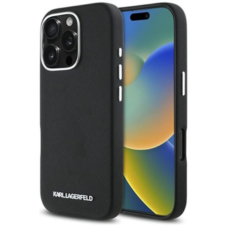 Karl Lagerfeld Saffiano MagSafe iPhone 16 Pro-etui med langstrakt metallogo - svart