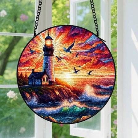 Fyr Coastal Sunset Suncatchers - Rund Suncatcher för Fönster för Make Maka, Par, Herr och Fru, för Prydnadspresenter till Honom Henne