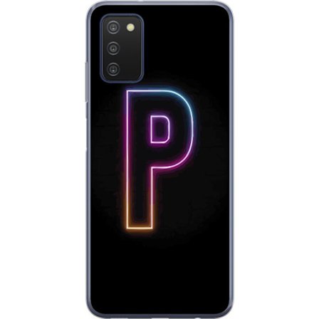 Kompatibel Mobilcover til Samsung Samsung Galaxy A03s Minimalistisk neonbogstav P i farvegradient og lyseffekt mod sort baggrund i digital neonstil