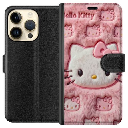 Kompatibel Tegnebogsetui til Apple iPhone 15 Pro Hello Kitty lyserød fluffy baggrund med ikonisk ansigt og kawaii-æstetik