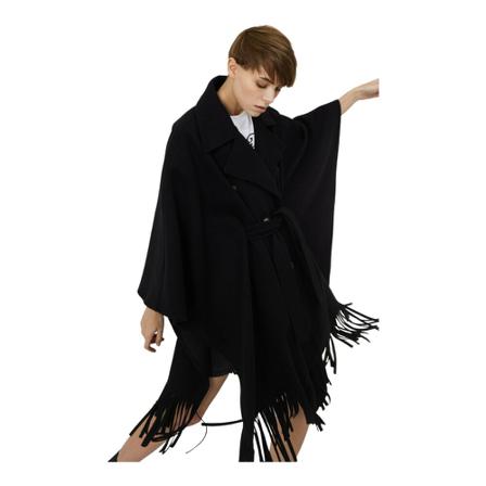 Silvian Heach, Double-breasted Cape Coat with Fringes Czarny, Kobieta, Rozmiar: XS