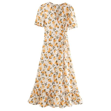 Volangkjol Klänning med Citrontryck Omlott Lång Kjole