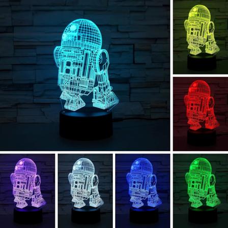 WJ R2-D2 3D nattlampe med berøringskontroll - 7 farger automatisk gradient nattlys, akryl og ABS-base optisk illusjonsnattlys Stjärnornas krig