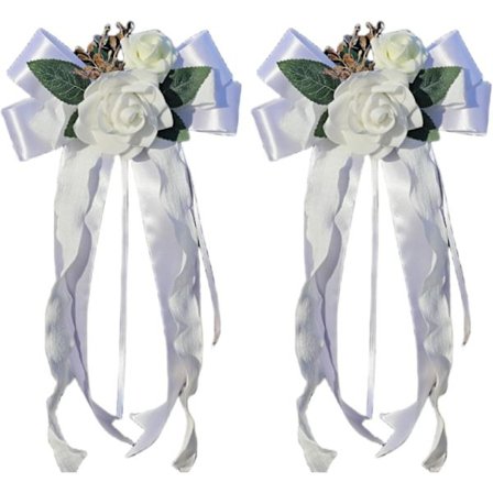 4 stk. blomster til bildørhåndtag, Just Married-dekoration med hvide silkebuketter og bånd, biltilbehør til bryllupper til håndtag