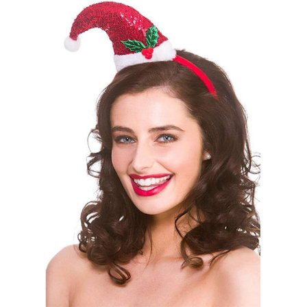 Aikuisten punainen paljetti-tonttulakki pannalla, jouluinen naamiaisasuste