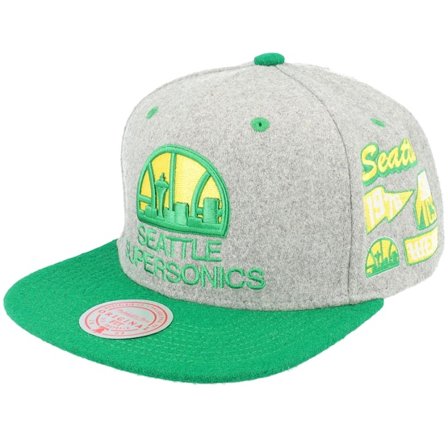 Mitchell & Ness - NBA - Grey - snapback - Cap - Seattle Supersonics Melton Patch Grey/Green Snapback - Hatstore