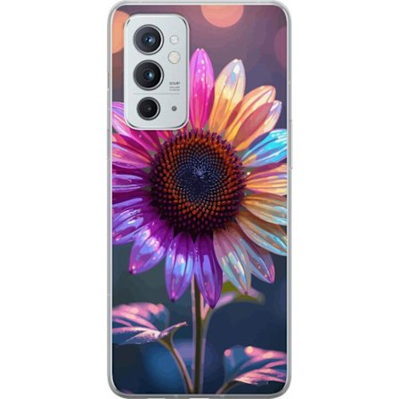 Kompatibelt Mobildeksel til OnePlus 9RT 5G Irideserende blomst med glitrende kronblad i rosa lilla og gull mot myk bokeh bakgrunn