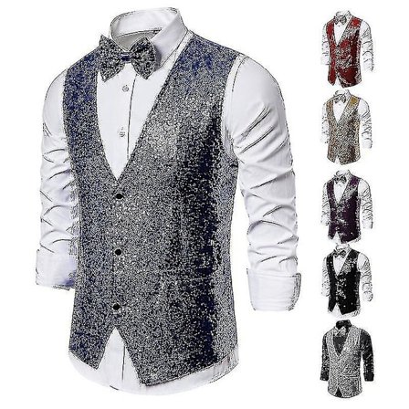 Herre Skinnende Paillet Vest, V-hals Jakkesæt Vest