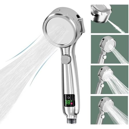(Sølv) LED Temperaturkontrollert Dusjhode, 4 Dusjmoduser, med Pauseknapp, Høyt Vannbesparende Dusjhode