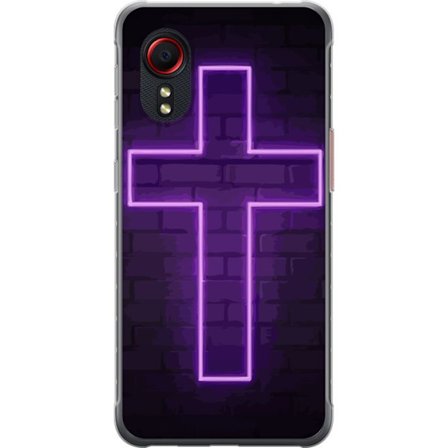 Yhteensopiva Puhelinkuori Samsung Samsung Galaxy Xcover 5 Neonristi purppuranvalossa tummaa tiiliseinää vasten, symbolinen motiivi vahvalla hohto mo