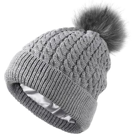 Dame Vinter Satin Foret Beanie Hat Manchet Strikkede Aftagelige Faux Fur Pompom Silkeforet Varmt Hue