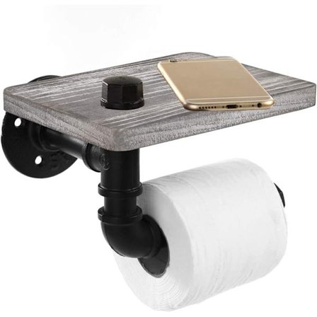 Teollinen WC-paperiteline rustiikkisella puuhyllyllä ja valurautaputkistolla, putki WC-paperiteline kylpyhuoneeseen, pesuhuoneeseen