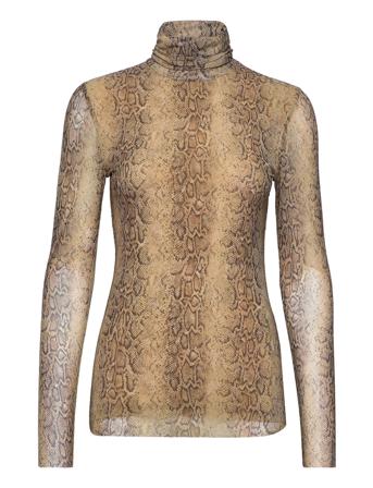 Printed Mesh Long Sleeve Fitted Rollneck T-shirts & Tops Long-sleeved Brun Ganni