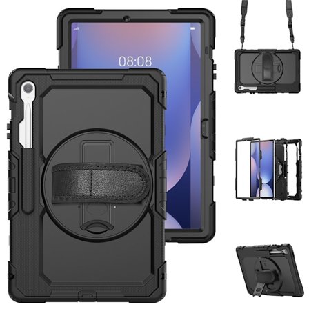 SKALO Samsung Galaxy Tab S10 FE+ Armor 360 Håndtag Skulderrem+PET Skærmbeskytter Cover - Sort