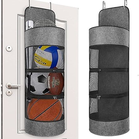 Oviripustettava urheiluvälineiden järjestäjä, pallosäilytys, oven taakse säilytystilan järjestäjä koripallolle, jalkapallolle, lentopallolle, 