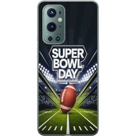 Kompatibel Mobilcover til OnePlus 9 Pro Super Bowl Day plakat med amerikansk fodbold på oplyst arena i dramatisk sportsdesign