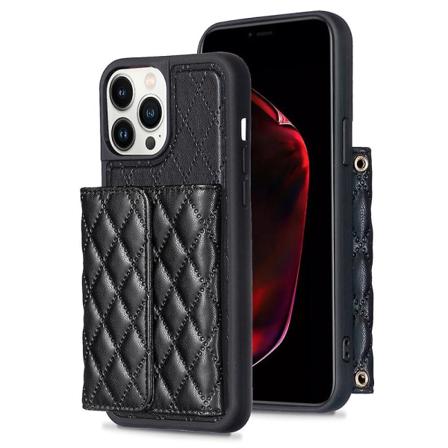 Bf23-stil för Iphone 13 Pro Max korthållare Läder+tpu case Kickstand Cover Black