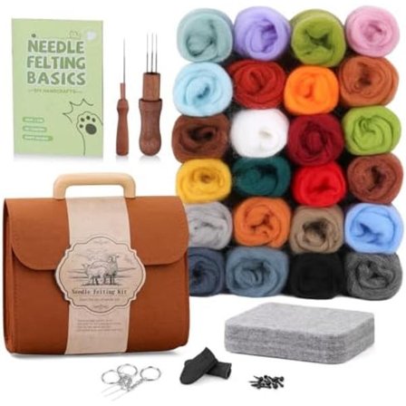 Nålefiltningssæt i 24 farver, nålefiltnings tilbehør med opbevaringstaske, uldfiltningssæt med filtningsuld i store mængder, filtningsnåle