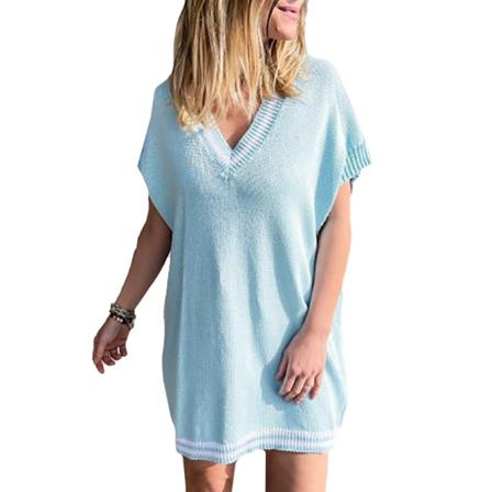 Sexig Klänning Sommar Kort Dam V-ringad Randig Patchwork Lös Ca