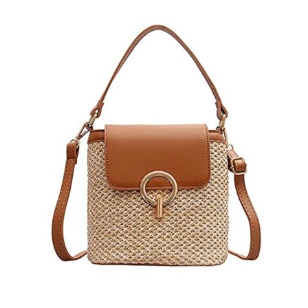 Small Straw Bucket Bag for Women Purses Ladies Travel Wallets and Handbags Women Shoulder Simple Bag Brown