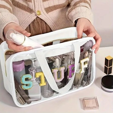 Fashionabel PVC kosmetiktaske med stor kapacitet, transparent bogstavdesign, med dobbelte håndtag, hvid