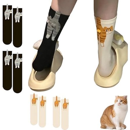 Fire par kattestrømper, sjove 3D-kattestrømper til kvinder, komfortable bomuldsstrømper