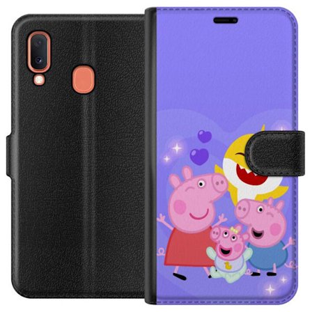 Kompatibel Tegnebogsetui til Samsung Galaxy A20e Peppa Gris mønster med hjerter, sommerfugle og venner, lyserød baggrund i bløde børneillustration