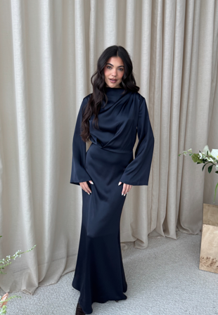 Bubbleroom Occasion - Satin High Collar Midi Dress - L