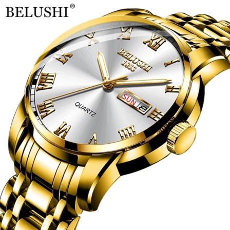 BELUSHI Herrmode Business Quartz Klockor Topp Lyx Märke Helt Stål Vattentät Analog Armbandsur Herr Kalenderklocka Golden White