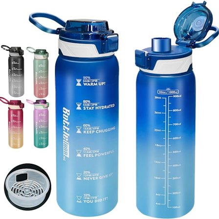 Vattenflaska, 1 liters sportvattenflaska med tidsmarkörfilter och låslock, läckagesäker, BPA-fri Tritan giftfri plastdricksflaska