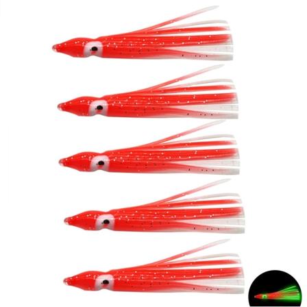 Fiske Squid Kjolar Glow Lures Lysande Plast Fiskebete 5 Styck Rö