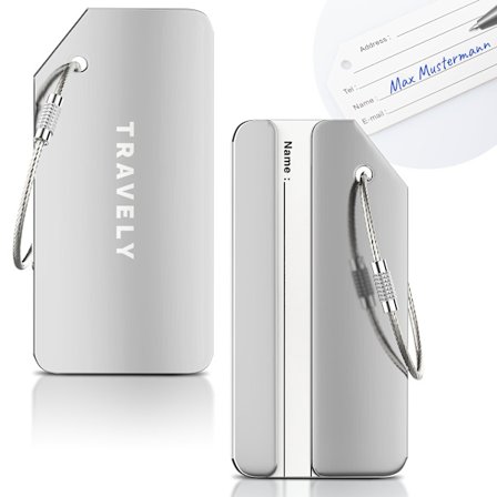 Premium bagasjelapper - ekstra sikre lapper for bagasje - inkludert navnelapp - sett med 2 - sølv