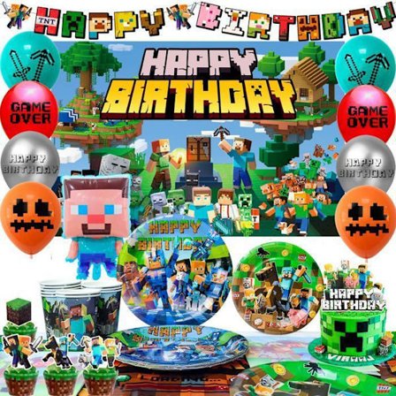 Koristeet Minecraft-syntymäpäiväjuhliin, pikselikoristeet ja astiasto, peliteemaiset juhlatarvikkeet
