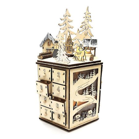 Julekalender i tre med nedtelling, dekorasjon med 24 skuffer og LED-lys