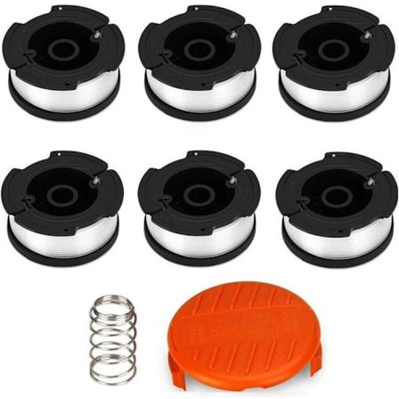 6-pack Black & Decker Trimmertrådsspolar - Nylontråd - 9 m Längd - 1,65 mm Diameter - Med 1 Lock & 1 Fjäder för Black & Decker Trimmer