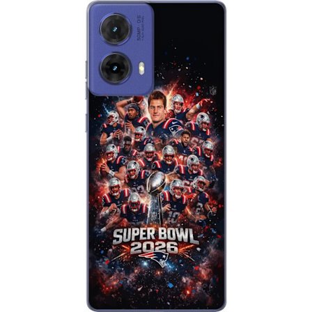 Yhteensopiva Puhelinkuori Motorola Moto G85 Super Bowl 2026 juliste, jossa New England Patriots ja NFL-mestaruuspalkinto räjähtävän urheilullisessa su