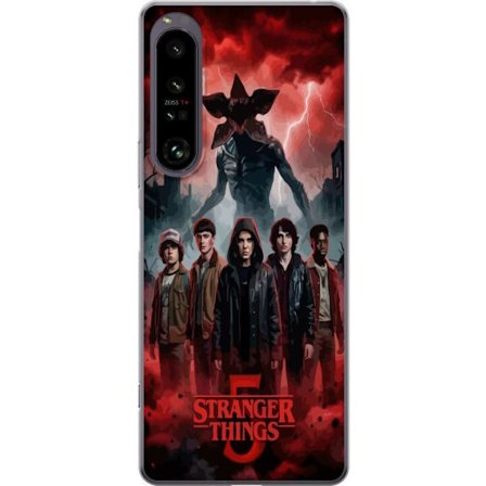 Kompatibelt Mobildeksel til Sony Xperia 1 IV Mørk dramatisk filmaffischlignende illustrasjon med en gruppe tenåringskarakterer foran et truende blomst