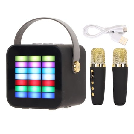 Mini Karaoke-maskine til børn BT 5.3 LED-belysningseffekter Trådløs Bluetooth-højttaler med 2 mikrofoner til fest