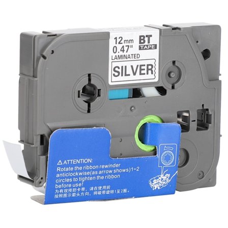 Etikettband för Brother-skrivare, klistermärkespapper (12 mm svart på matt silver)