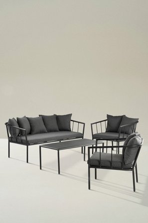 Jotex - Loungemøblement - 4 Deler Aluminium/Polyester/Polyeterskum Svart/mørk grå puter MENTON - Kjøp Loungemøbler hos Jotex