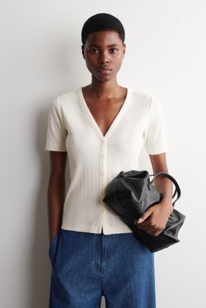 COS Women's Pointelle Knit Short Sleeve Cardigan Sweater in White